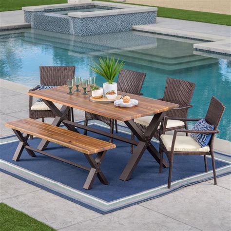 Noble House 6 Piece Wicker Wood And Metal Rectangular Outdoor Dining