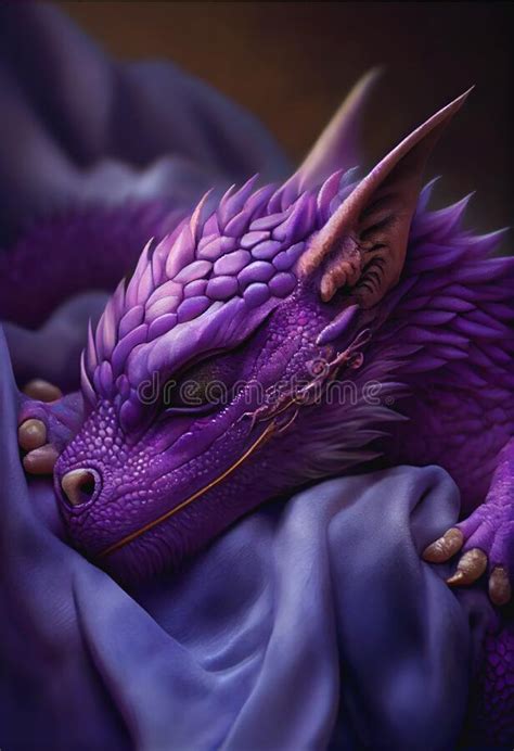 Cute Adorable Sleeping Purple Baby Dragon Stock Illustration