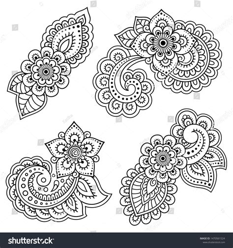 Set Mehndi Flower Pattern Henna Drawing Stock Vector Royalty Free
