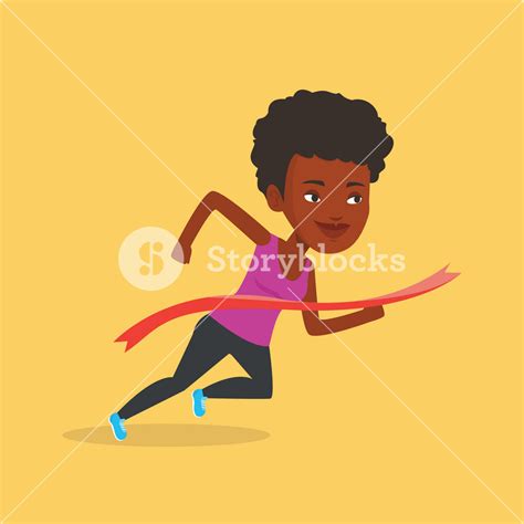 Happy Young African American Sportswoman Running Through Finishing Line