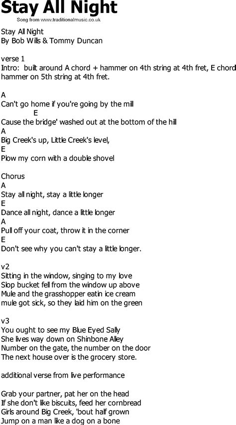 Old Country Song Lyrics With Chords Stay All Night