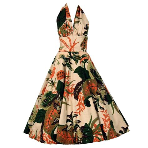 1950s Sequin Tropical Floral Print Cotton Halter Full Dress Set