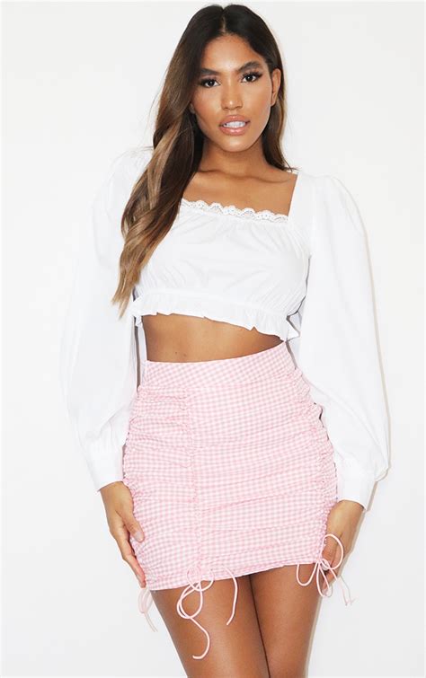 Pink Gingham Ruched Mini Skirt Skirts Prettylittlething Usa