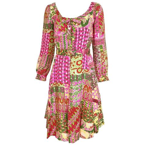 vintage 1960s pink and green vibrant psychedelic print silk 60s dress pink a line dress silk