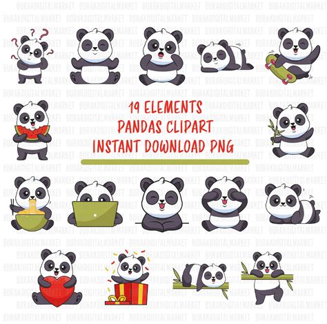 Panda Clipart Cute Panda Bear Kawaii Pandas Funny Animal Digital