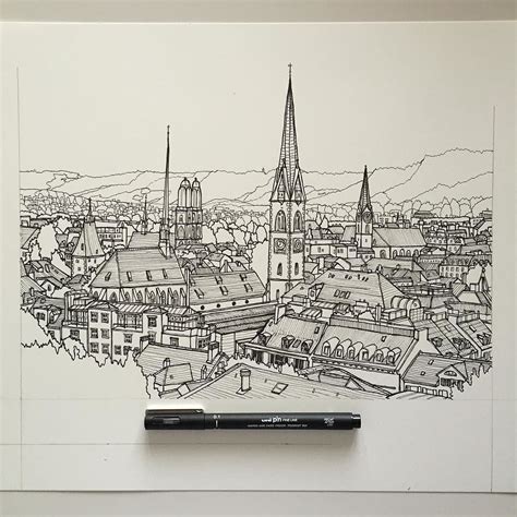 Zurich Switzerland in pen. Two cityscapes in two days no wonder my arm ...