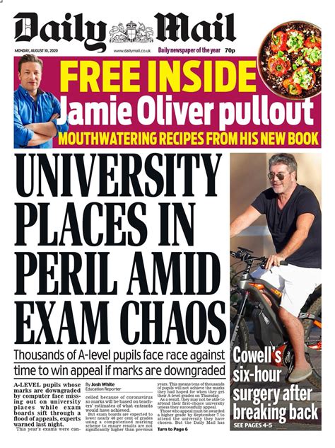 Sections and supplements are laid. Daily Mail Front Page 10th of August 2020 - Tomorrow's ...
