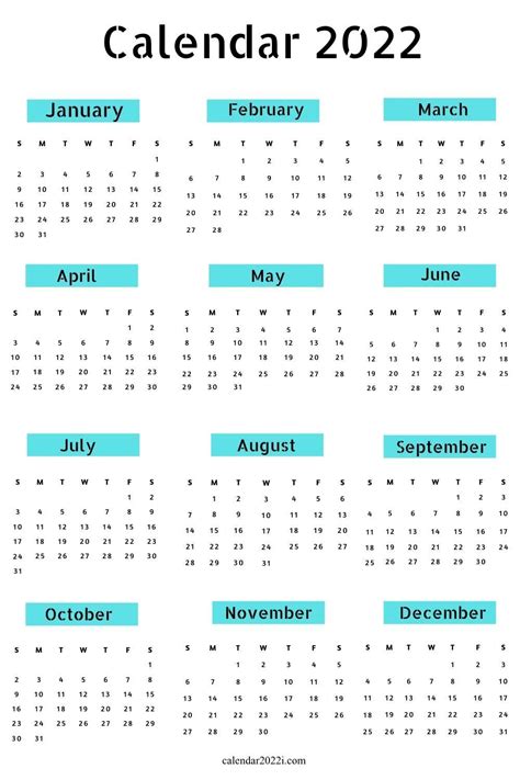 Blank 2022 Yearly Calendar Featuring All Months From January To