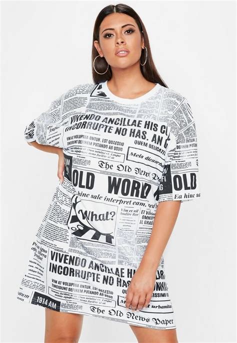 Plus Size White Newspaper Printed Oversized T Shirt Dress Missguided Plus Size Outfits