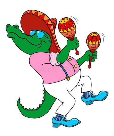 Cartoon Crocodile Musician Satisfied Alligator In A Mexican Hat With