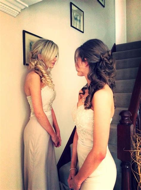 beautiful bridesmaids half up hair curls bridesmaids hair blond bridesmaid brunette bridesmaid