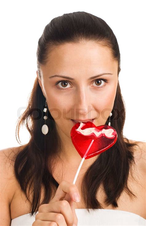 Portrait Of Woman Sucking Her Candy Love Heart Stock Image Colourbox