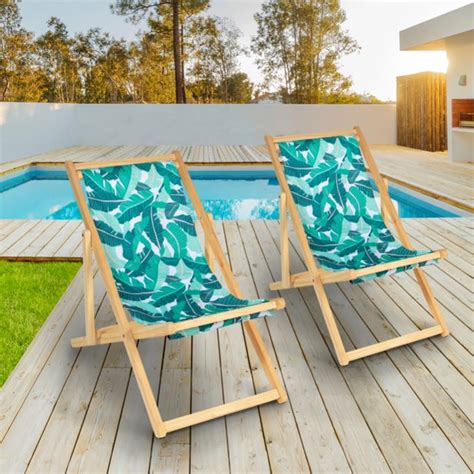 Lot De 2 Chaises Longues Pliantes Chilienne Bois Toile Tropicale Leroy Merlin