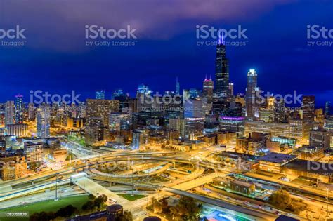 Chicago Cityscape At Night Aerial View Stock Photo Download Image Now