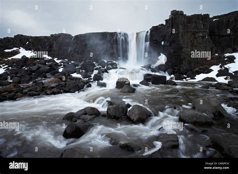 Oxarafoss Waterfall At Pingvellir Iceland Suedwest Island Stock Photo