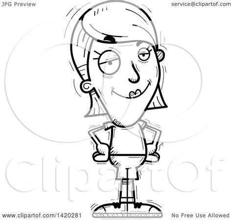 Clipart Of A Cartoon Black And White Lineart Doodled Confident Woman