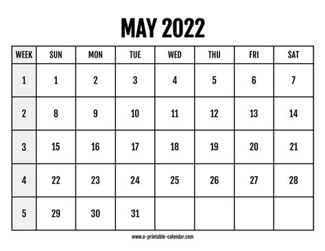 Calendar 2022 May A Printable Calendar