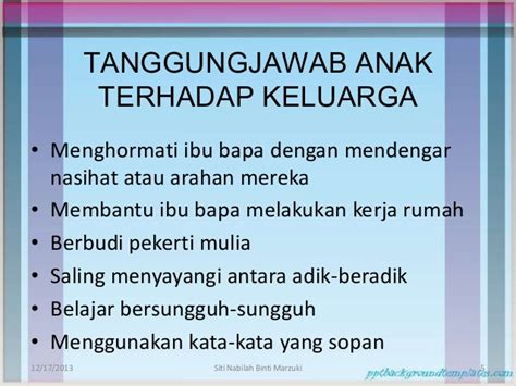 Walaubagaimanapun, ibu bapa harus sedar bahawa anak ibarat kain putih, ibu bapa yang mencorakkannya. 2.4 Tanggungjawab Terhadap Keluarga