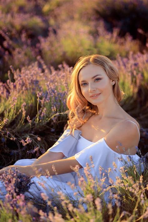 Beautiful Girl On The Lavender Field Beautiful Woman In The Lavender Field On Sunset Stock