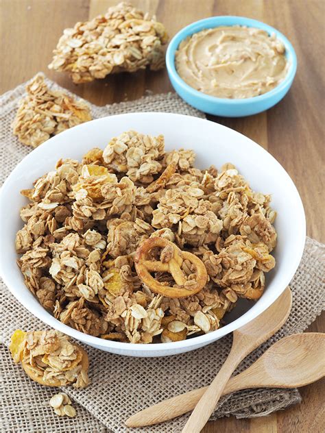Stir in 2 tablespoons of peanut butter and 3 tablespoons honey. Crispy Chunky Peanut Butter Granola - The Breakfast Drama ...