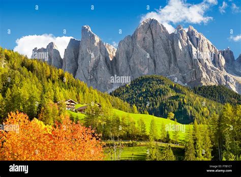 Autumn Landscape In Dolomites Mountains Val Di Funes European Alps