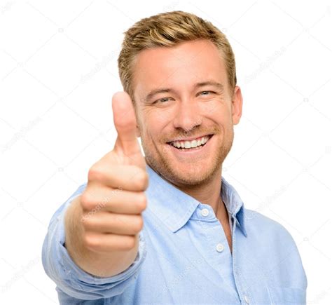 Happy Man Thumbs Up Sign Full Length Portrait On White Background