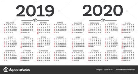 Calendar 2019 2020 Isolated White Background Week Starts Sunday Vector