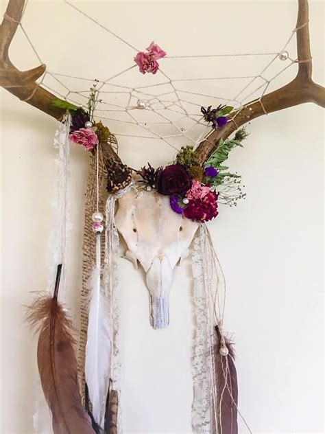 Deer Antler Dream Catcher With Dried Flowers And Pearls Etsy Deer