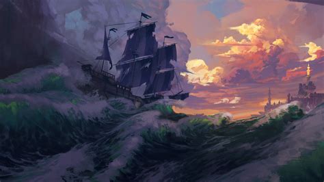 X Sails Ship In Ocean P Resolution Wallpaper Hd Fantasy K