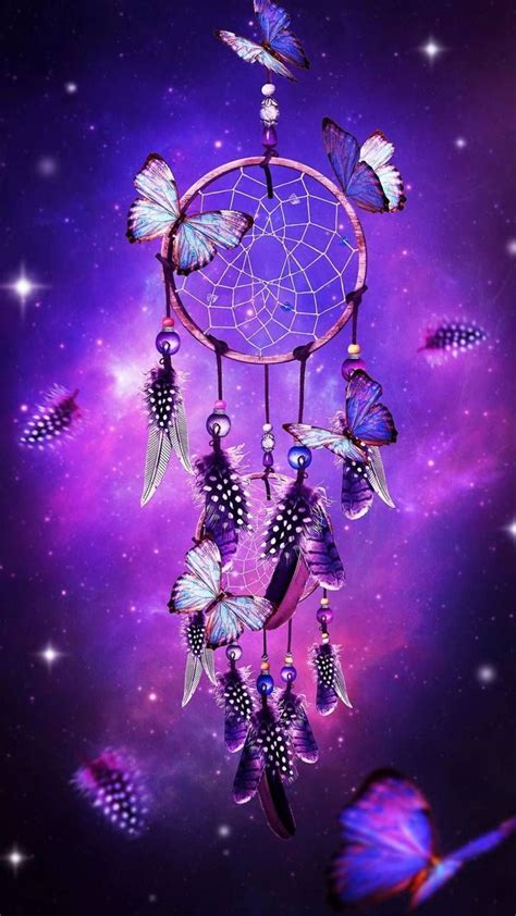 A Purple And Black Dream Catcher With Butterflies Flying In The Sky