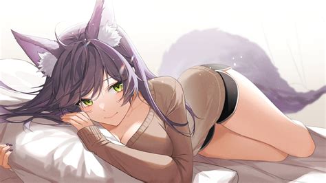 Animal Ears Blush Breasts Cleavage Foxgirl Green Eyes Long Hair