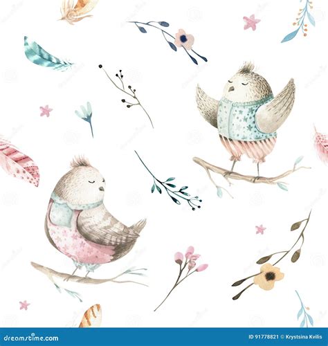 Cute Baby Bird Animal Seamless Pattern Forest Illustration For