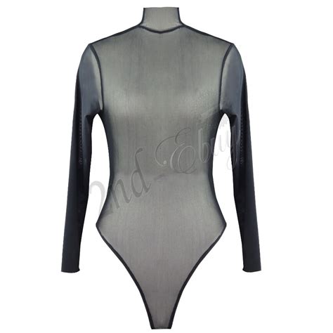 women s mesh see through sheer bodysuit leotard body stocking turtle neck tops ebay
