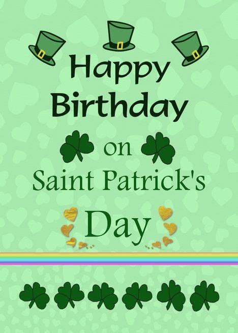 Happy Birthday On St Patricks Day Clovers Hats Hearts Rainbow Card