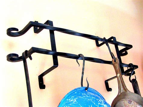 Hand Forged Iron Wall Pot Rack With Antique Security Bars