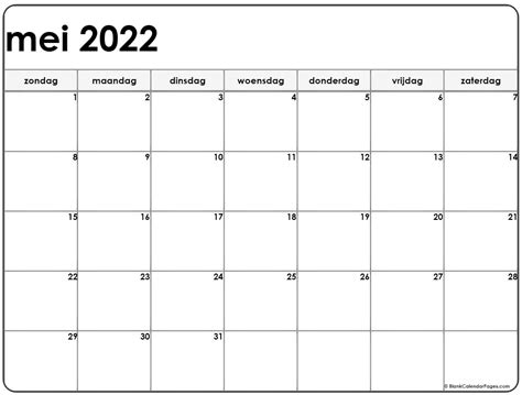 Mei Kalender Nederlandse Kalender Mei