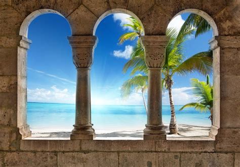 Paradise Island Beach View Through Stone Arches Photo Wallpaper Mural