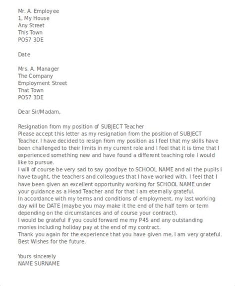 Sample Resignation Letter Teacher Uk