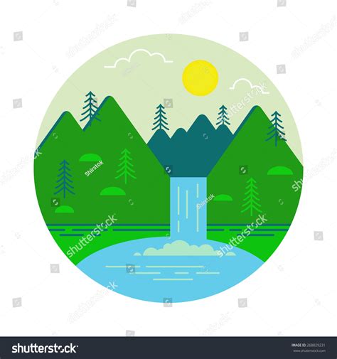 Landscape Illustration Mountain Waterfall Lake Flat Stock Vector
