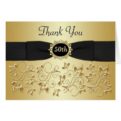 50th Anniversary Black Gold Floral Thank You Card Zazzle