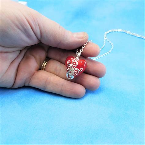 Wire Wrapped Red Heart Necklace Artistic Handcrafted Valentine Pendant