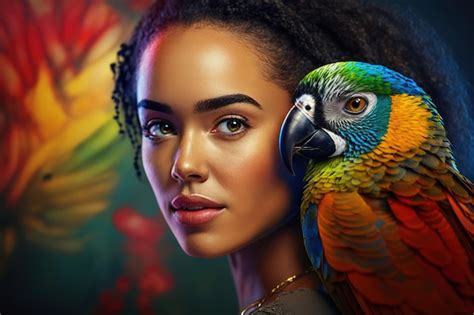 Premium Photo Young African American Woman With A Parrot On Her