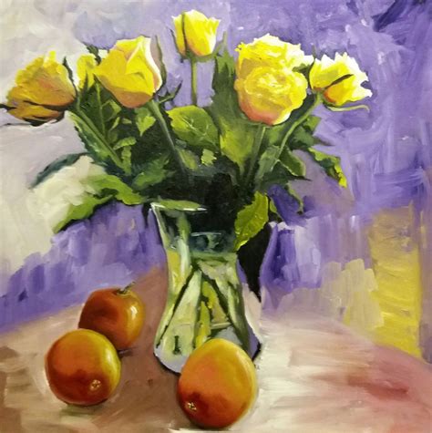 A Painting Of Yellow Roses In A Glass Vase With Three Peaches On A Table