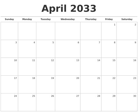 April 2033 Blank Monthly Calendar