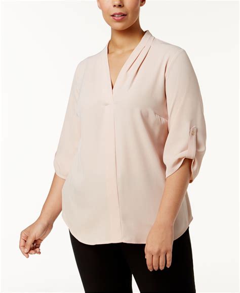 calvin klein synthetic plus size pleated neck blouse in blush pink lyst