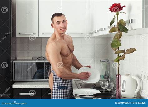 Bodybuilder Washing Dishes Stock Photo Image Of Caucasian Kitchen