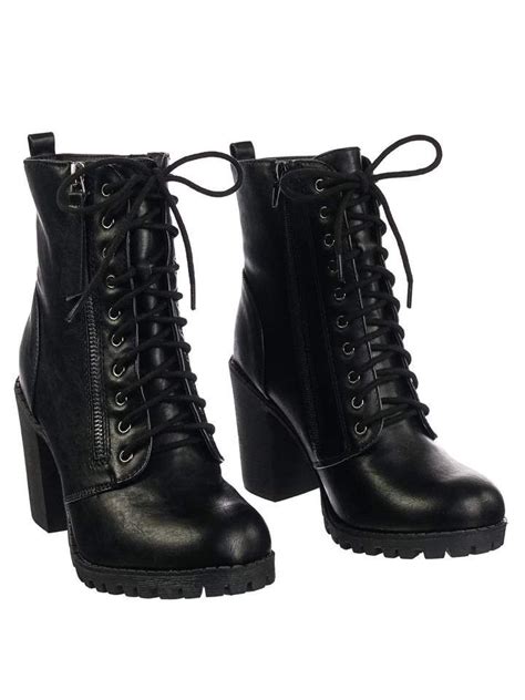 Malia Military Lace Up Combat Ankle Boot On Chunky Block Heel Lug Sole