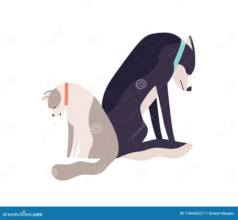 Unhappy Abandoned Cat And Dog Sitting Together Having Sadness Vector