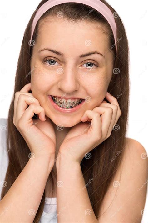 smiling girl with braces isolated stock image image of closeup hair 40079271