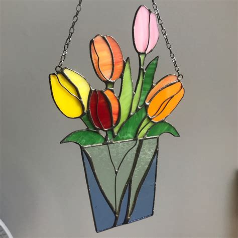 Mum Bouquet Flower Tulip Stained Glass Suncatcher Panel Etsy Stained Glass Flowers Stained